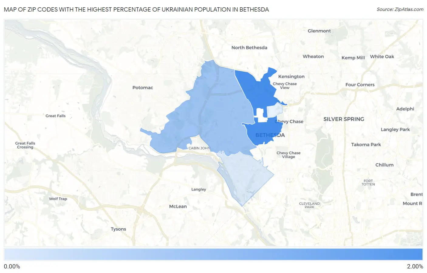 Zip Codes with the Highest Percentage of Ukrainian Population in Bethesda Map