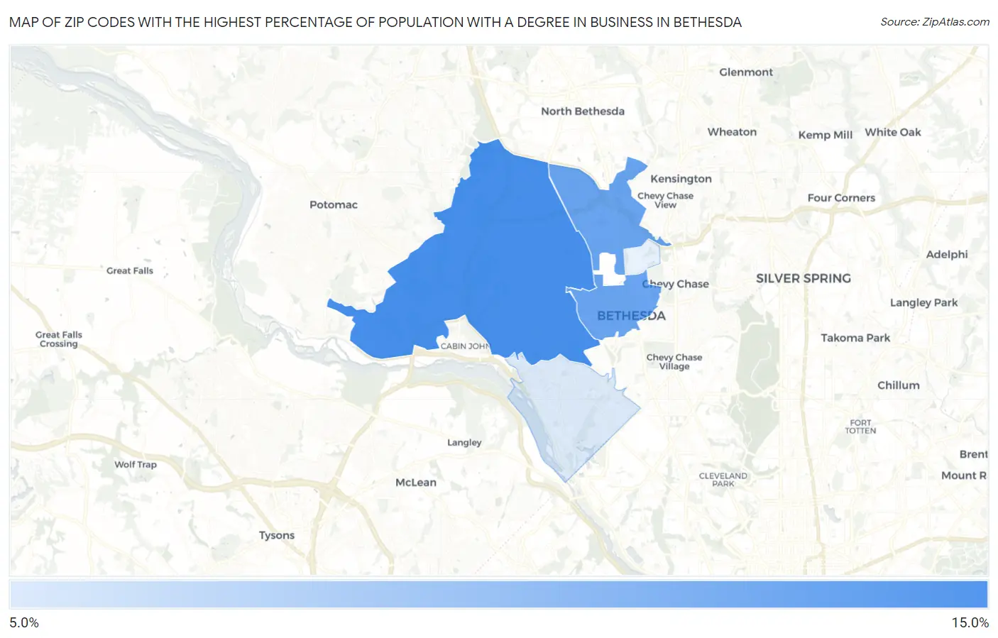 Zip Codes with the Highest Percentage of Population with a Degree in Business in Bethesda Map