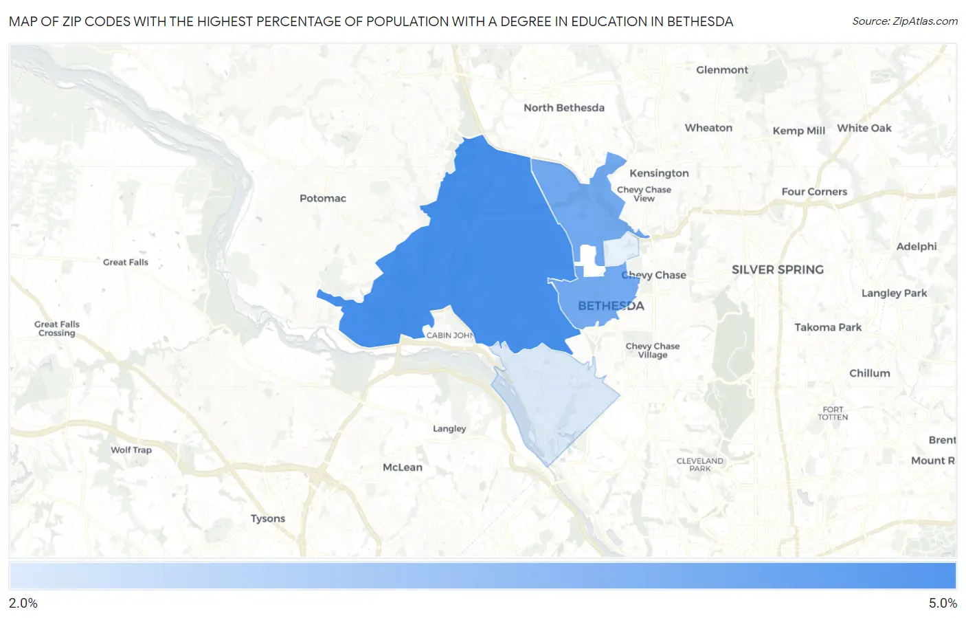 Zip Codes with the Highest Percentage of Population with a Degree in Education in Bethesda Map