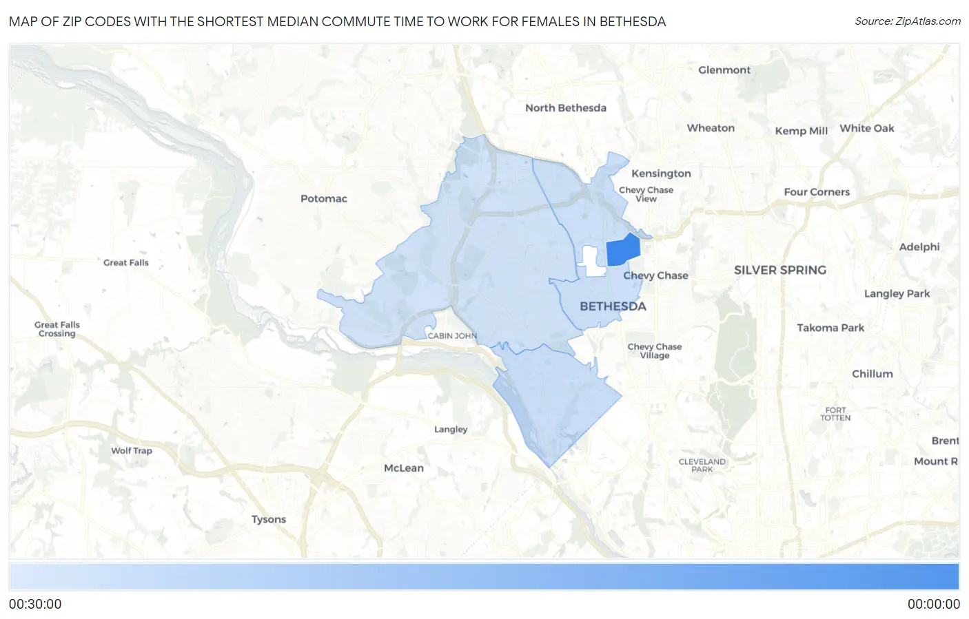 Zip Codes with the Shortest Median Commute Time to Work for Females in Bethesda Map