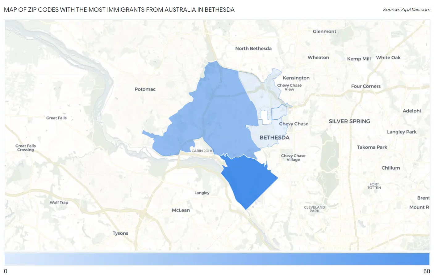 Zip Codes with the Most Immigrants from Australia in Bethesda Map