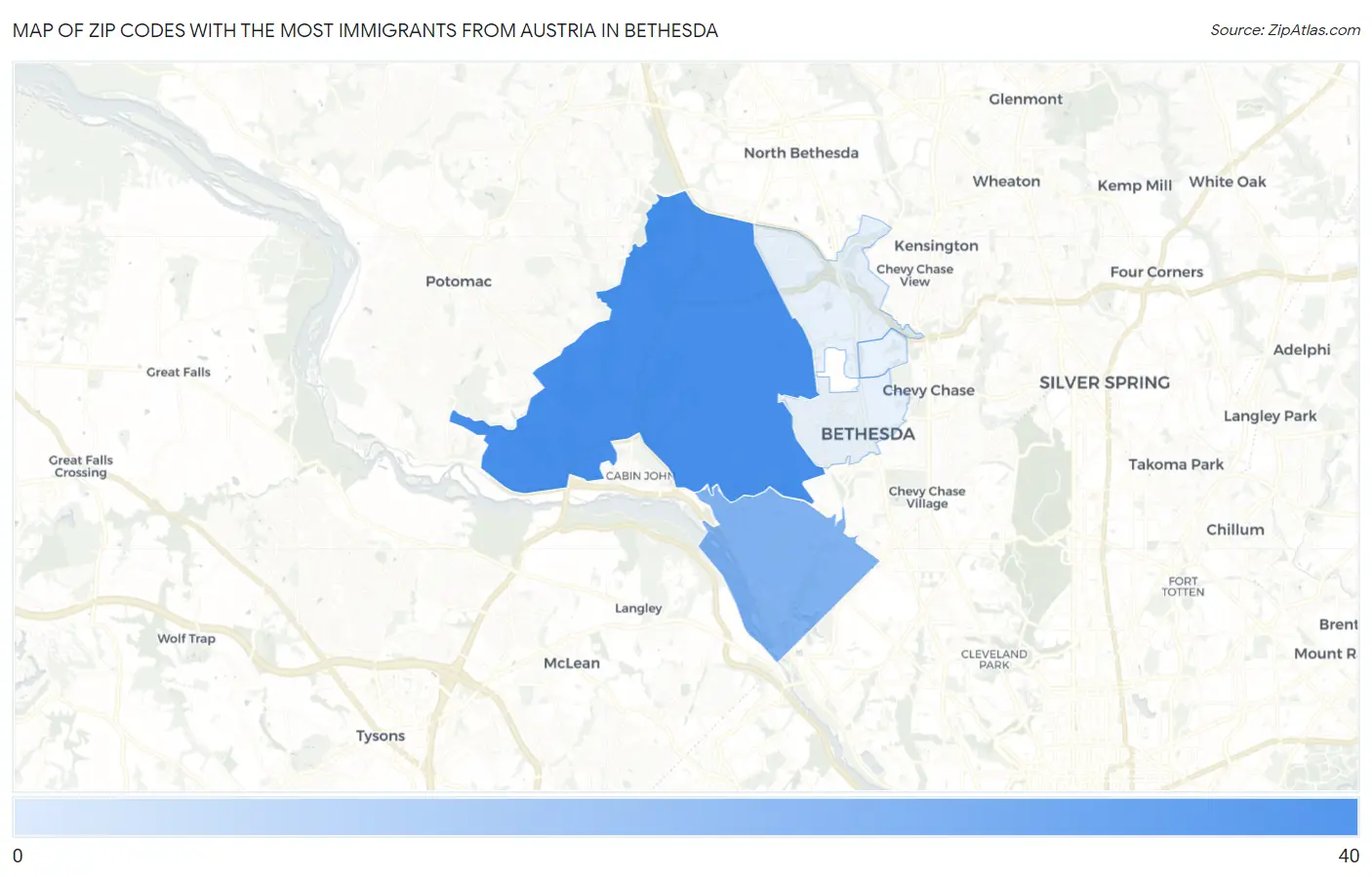 Zip Codes with the Most Immigrants from Austria in Bethesda Map