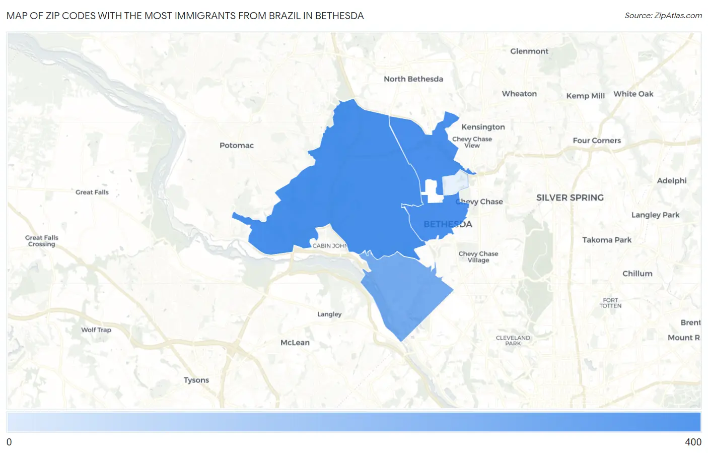 Zip Codes with the Most Immigrants from Brazil in Bethesda Map