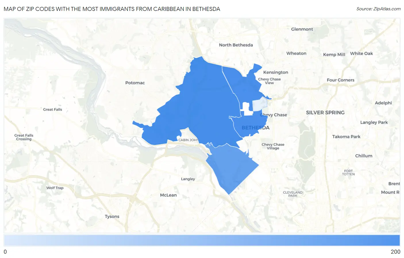 Zip Codes with the Most Immigrants from Caribbean in Bethesda Map