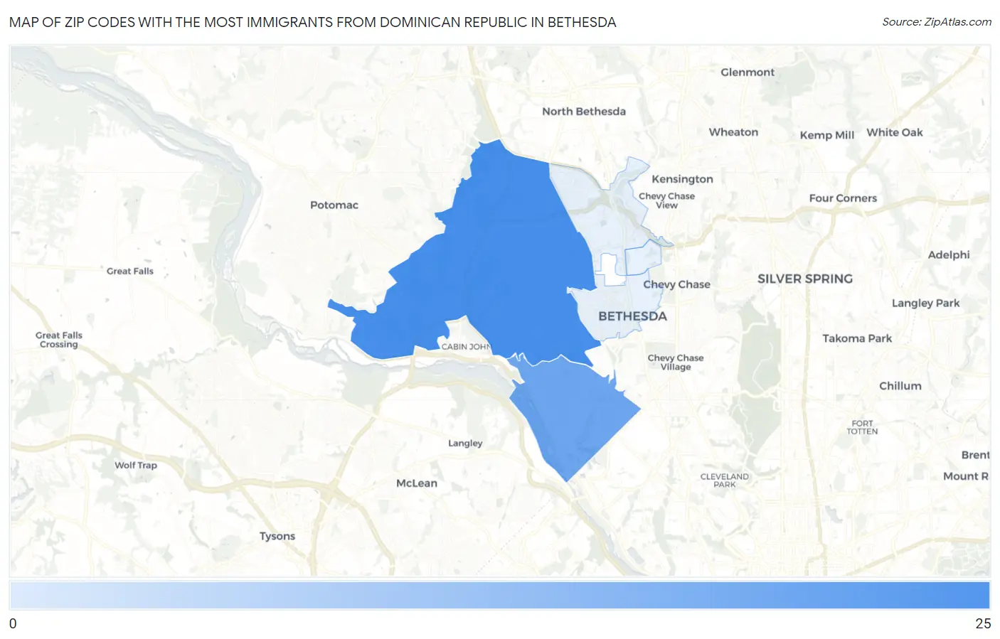 Zip Codes with the Most Immigrants from Dominican Republic in Bethesda Map