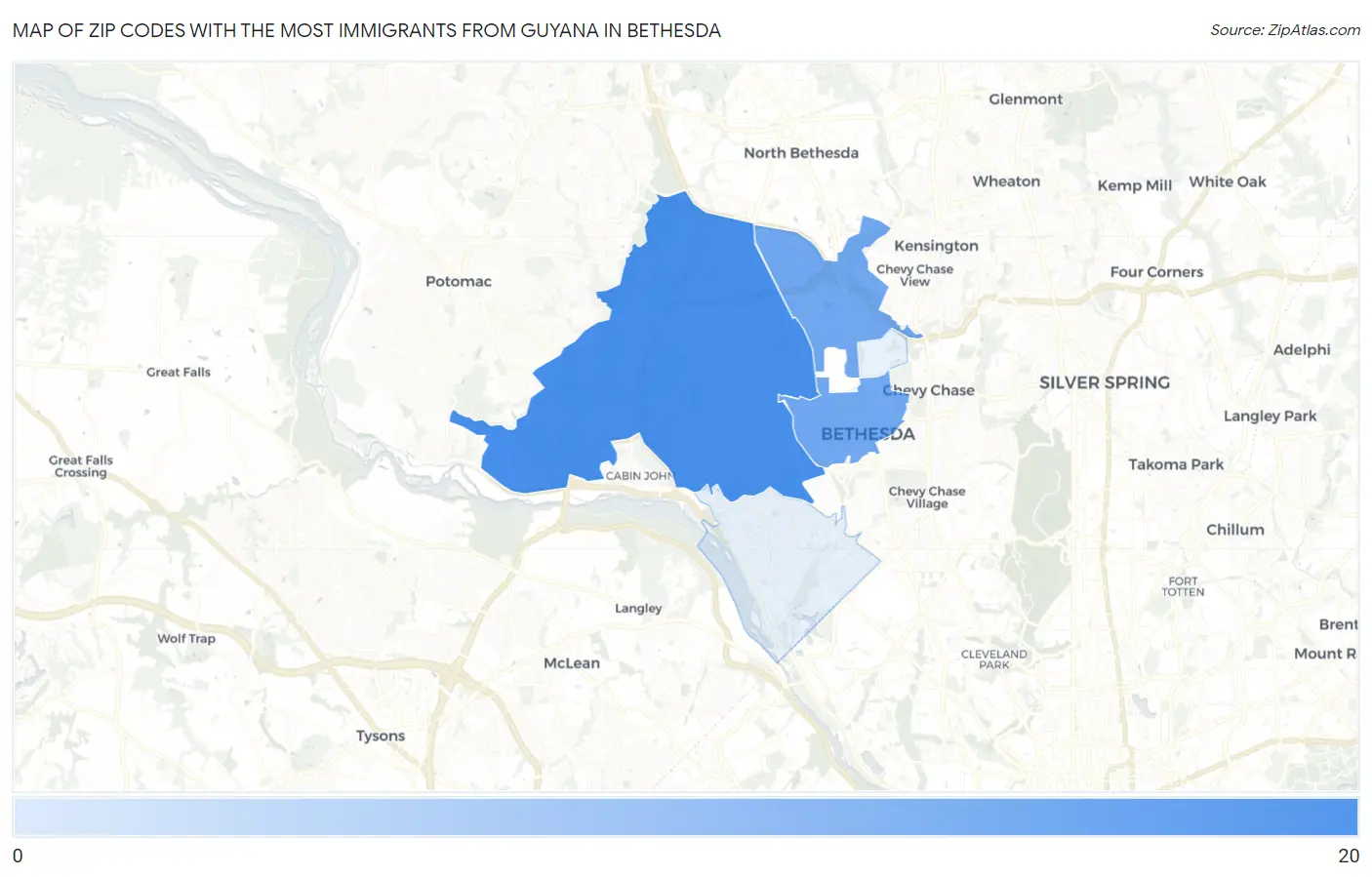 Zip Codes with the Most Immigrants from Guyana in Bethesda Map