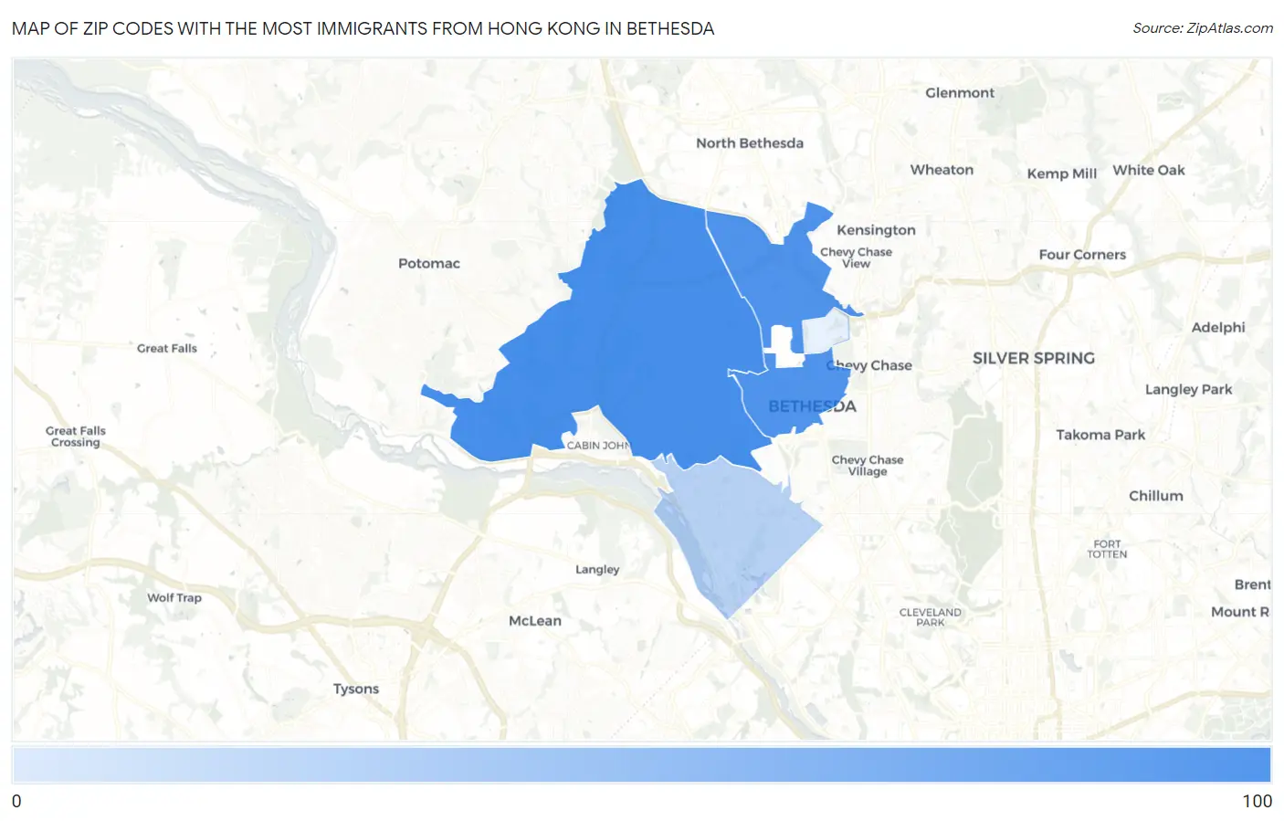 Zip Codes with the Most Immigrants from Hong Kong in Bethesda Map