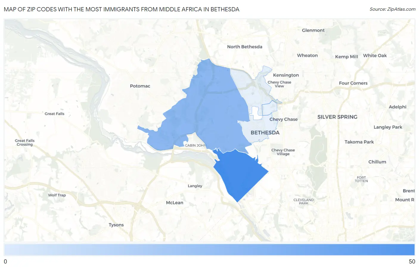 Zip Codes with the Most Immigrants from Middle Africa in Bethesda Map