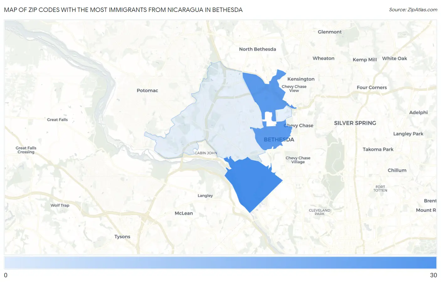 Zip Codes with the Most Immigrants from Nicaragua in Bethesda Map
