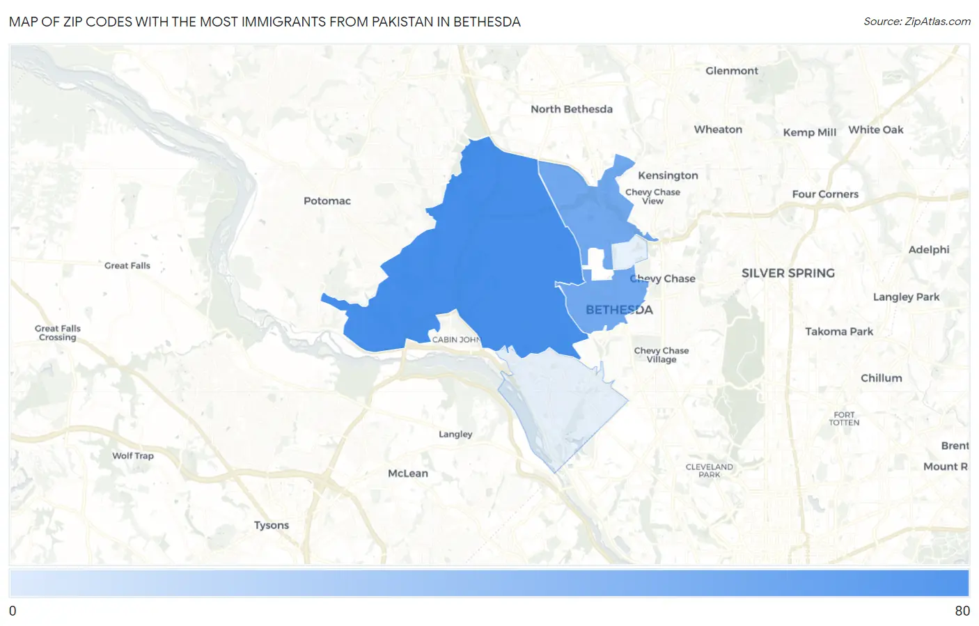Zip Codes with the Most Immigrants from Pakistan in Bethesda Map