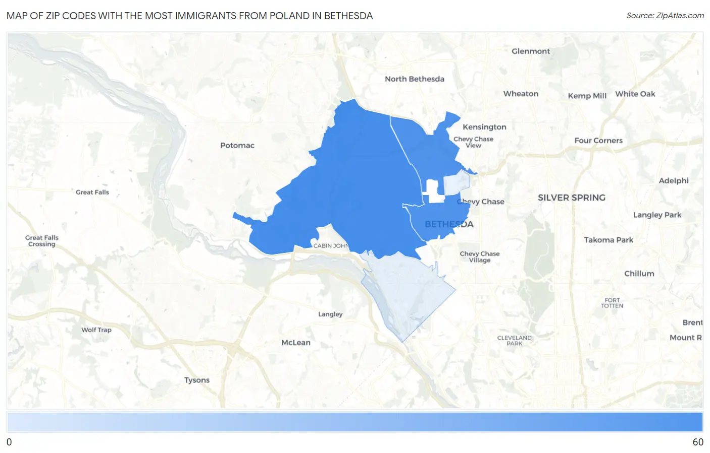 Zip Codes with the Most Immigrants from Poland in Bethesda Map