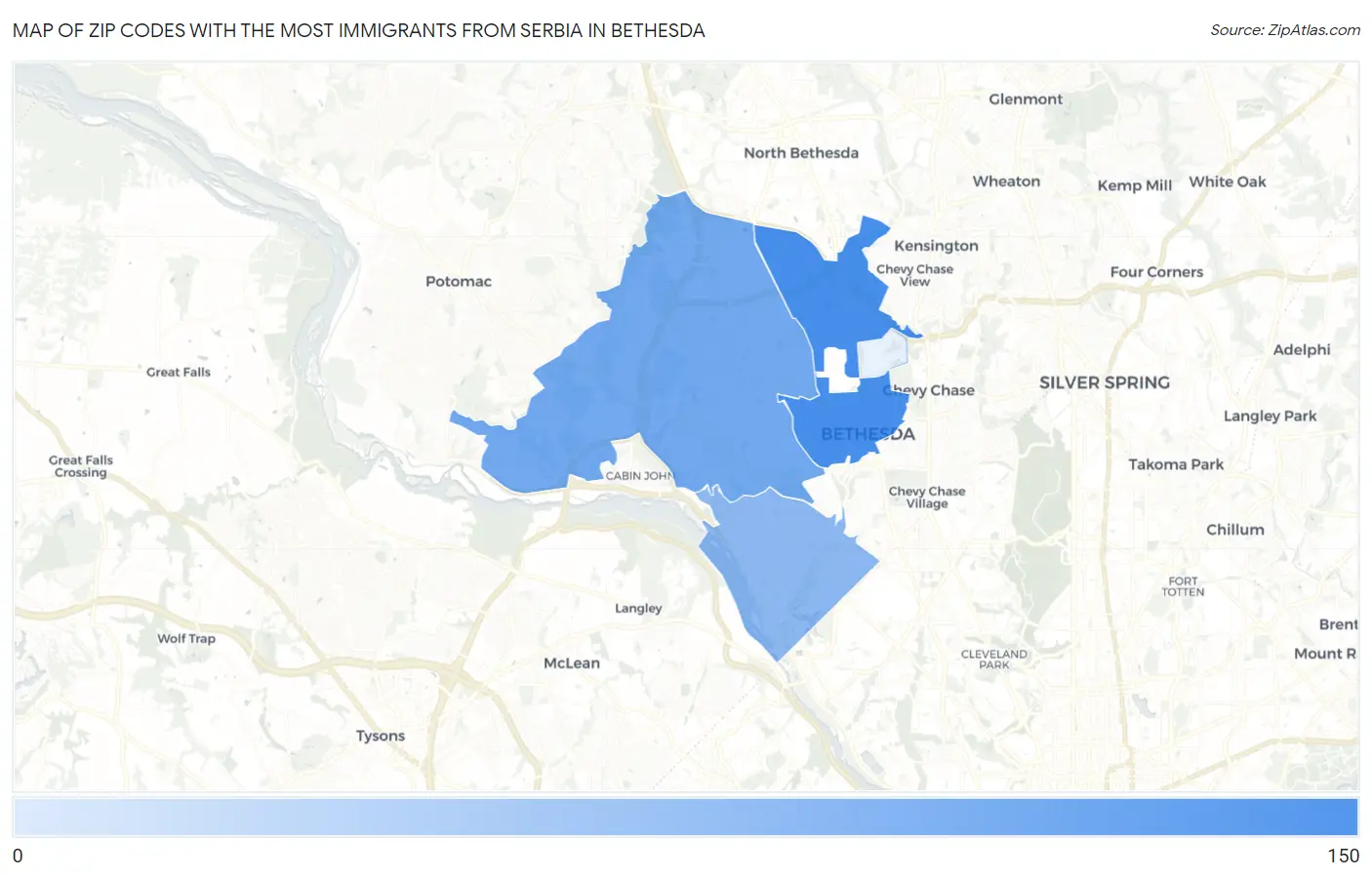 Zip Codes with the Most Immigrants from Serbia in Bethesda Map