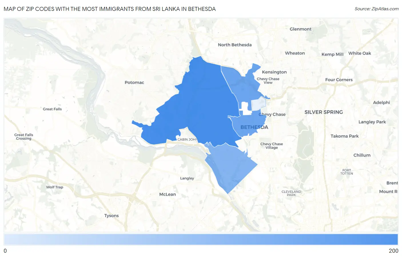 Zip Codes with the Most Immigrants from Sri Lanka in Bethesda Map