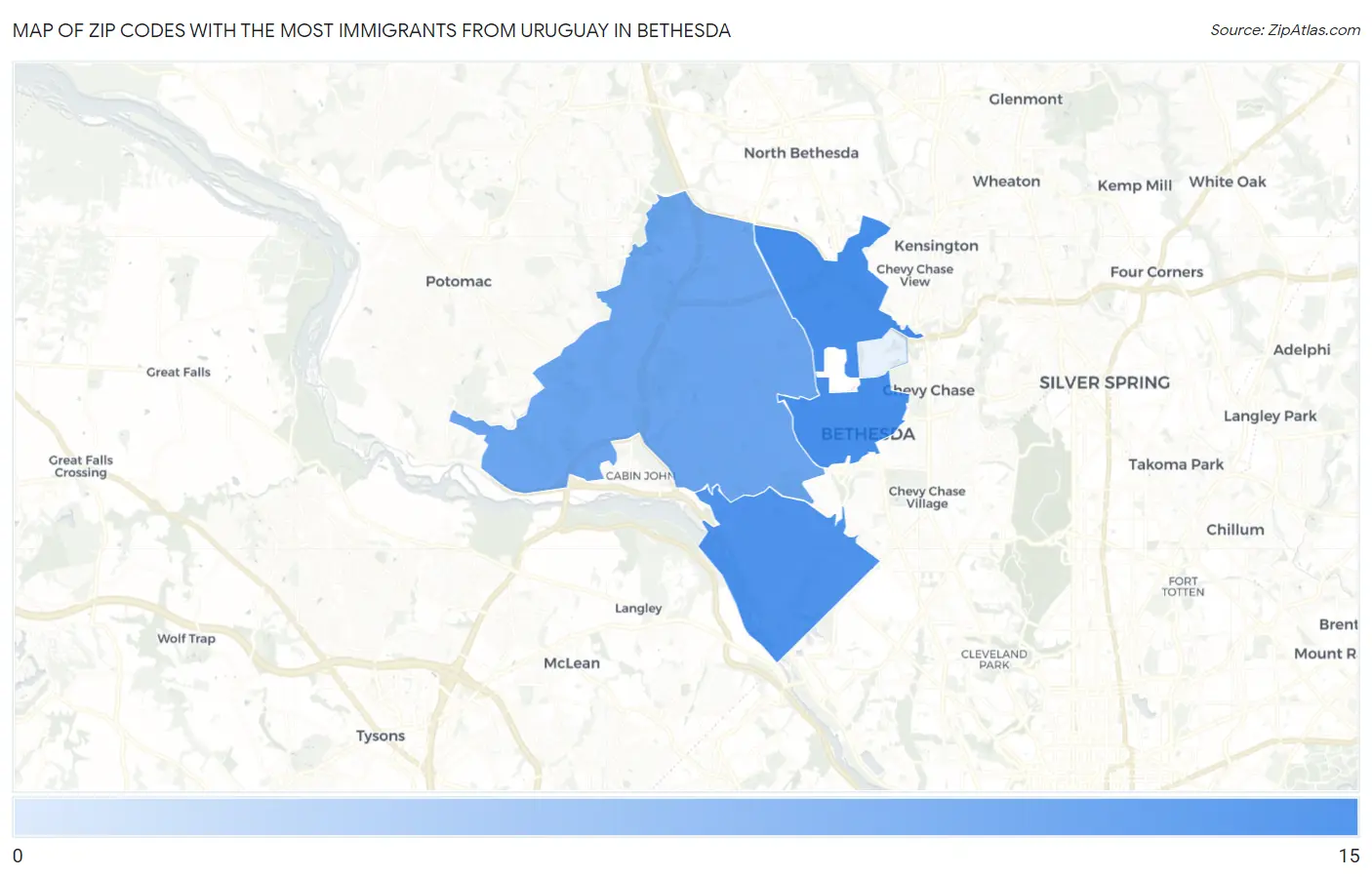 Zip Codes with the Most Immigrants from Uruguay in Bethesda Map