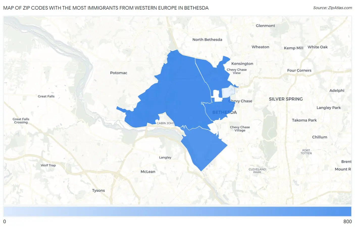 Zip Codes with the Most Immigrants from Western Europe in Bethesda Map