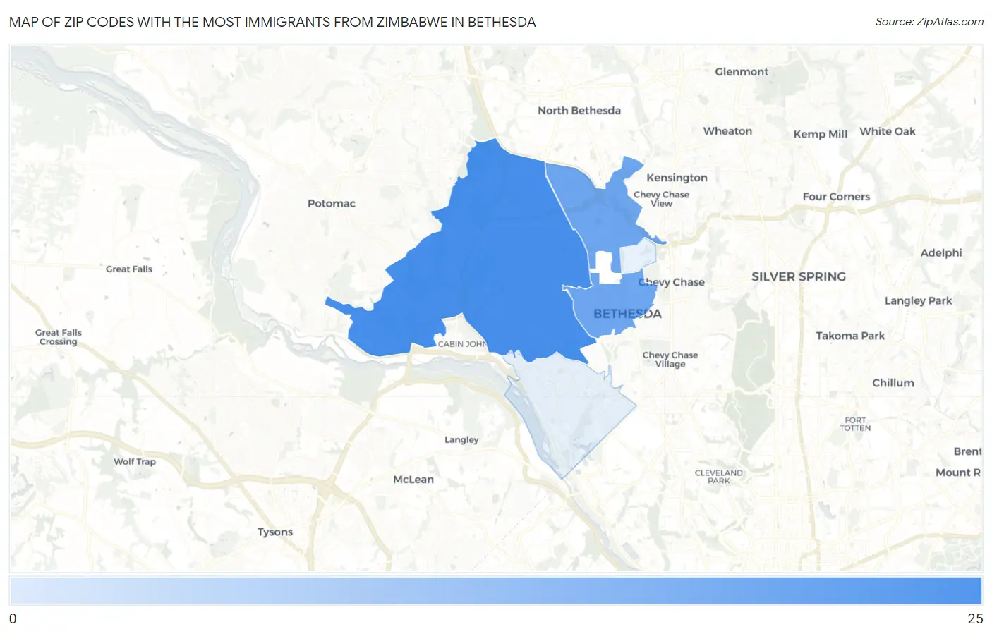 Zip Codes with the Most Immigrants from Zimbabwe in Bethesda Map