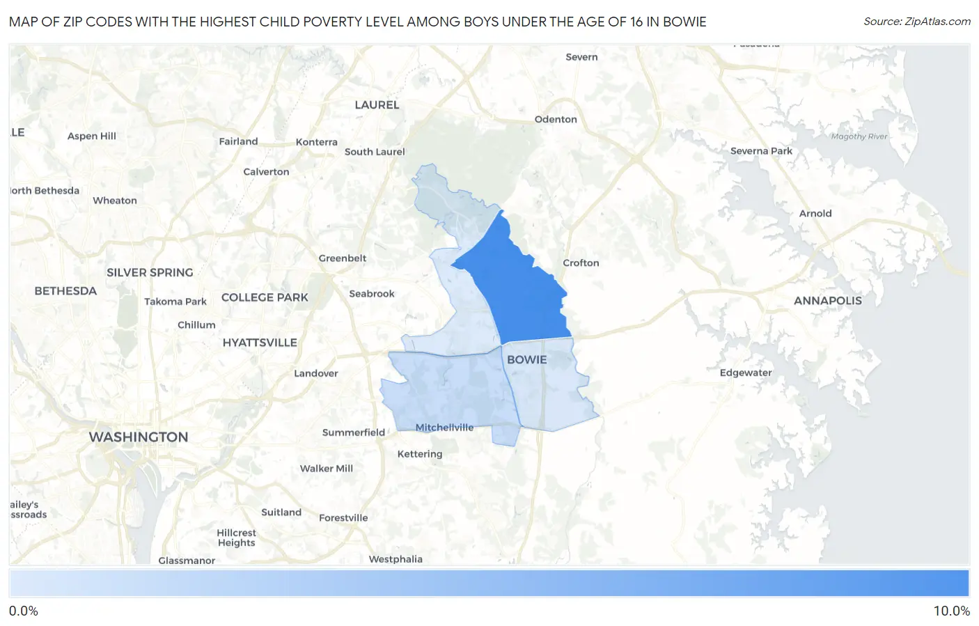 Zip Codes with the Highest Child Poverty Level Among Boys Under the Age of 16 in Bowie Map