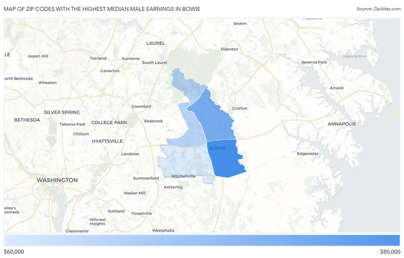 Zip Codes with the Highest Median Male Earnings in Bowie Map