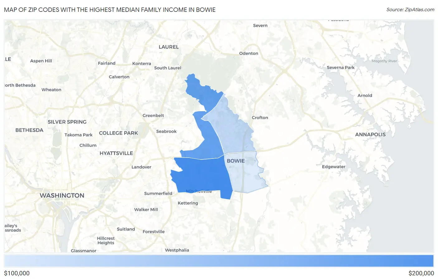 Zip Codes with the Highest Median Family Income in Bowie Map