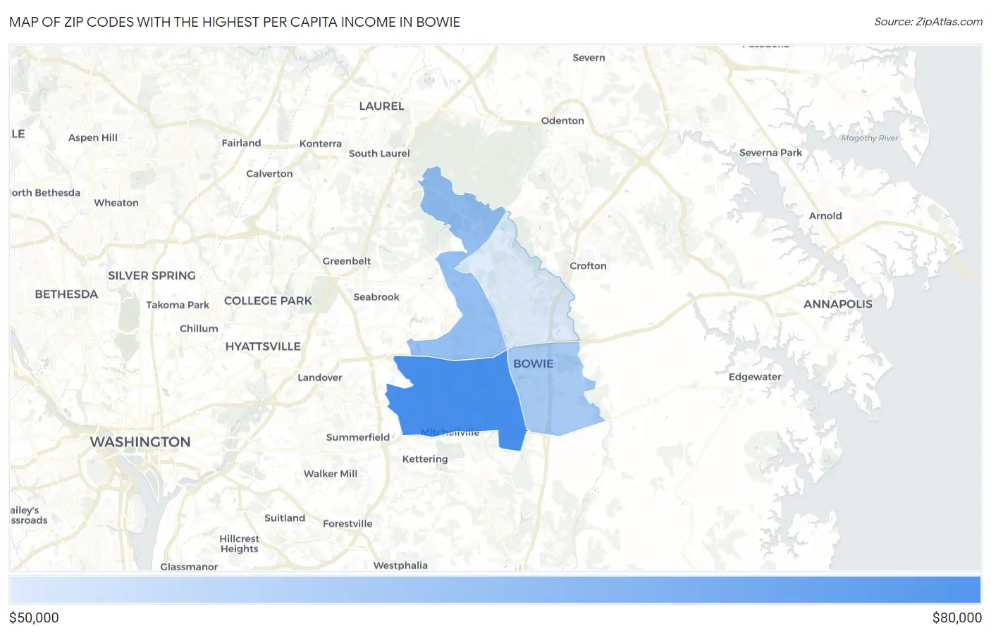 Zip Codes with the Highest Per Capita Income in Bowie Map