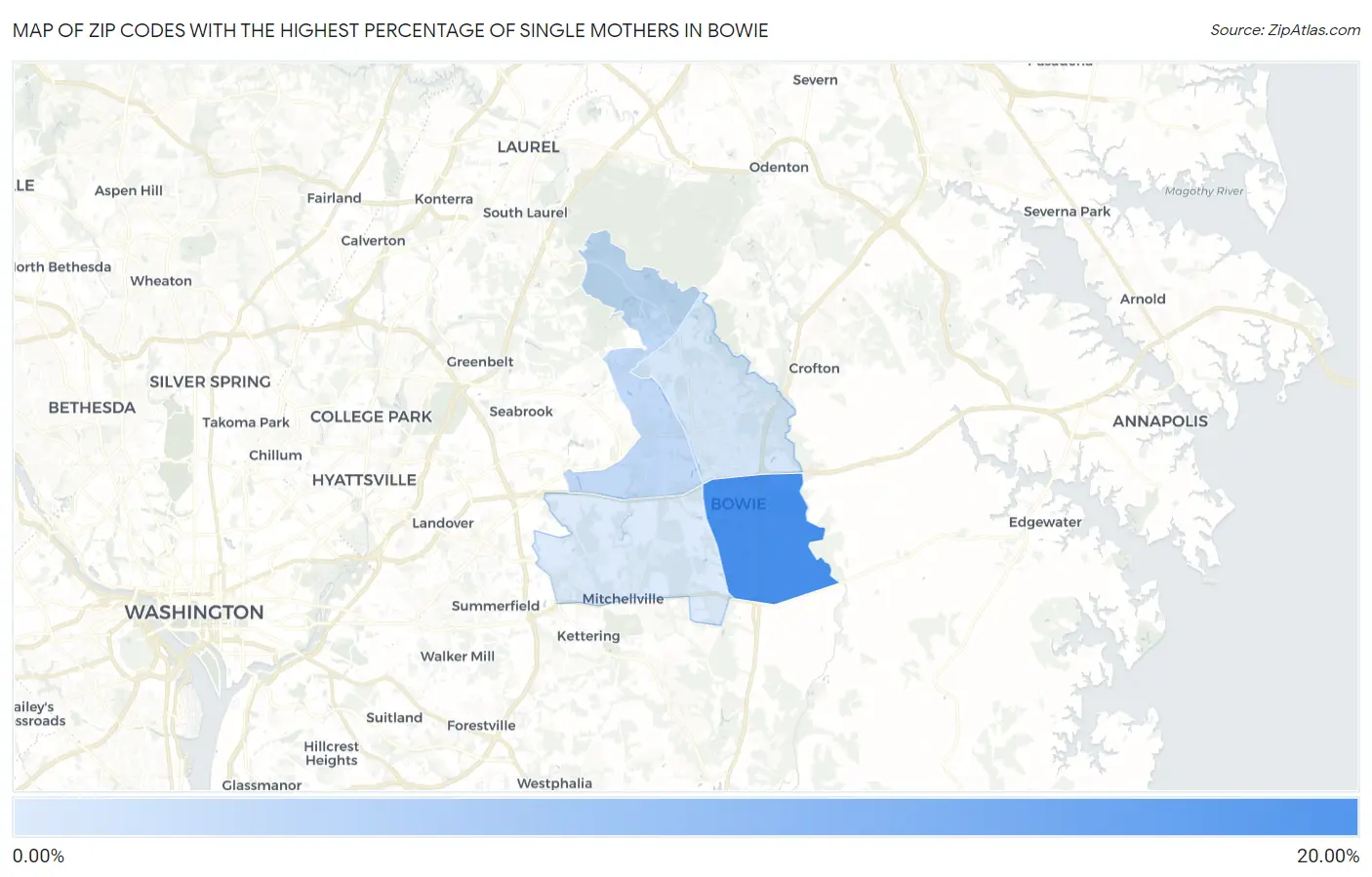 Zip Codes with the Highest Percentage of Single Mothers in Bowie Map