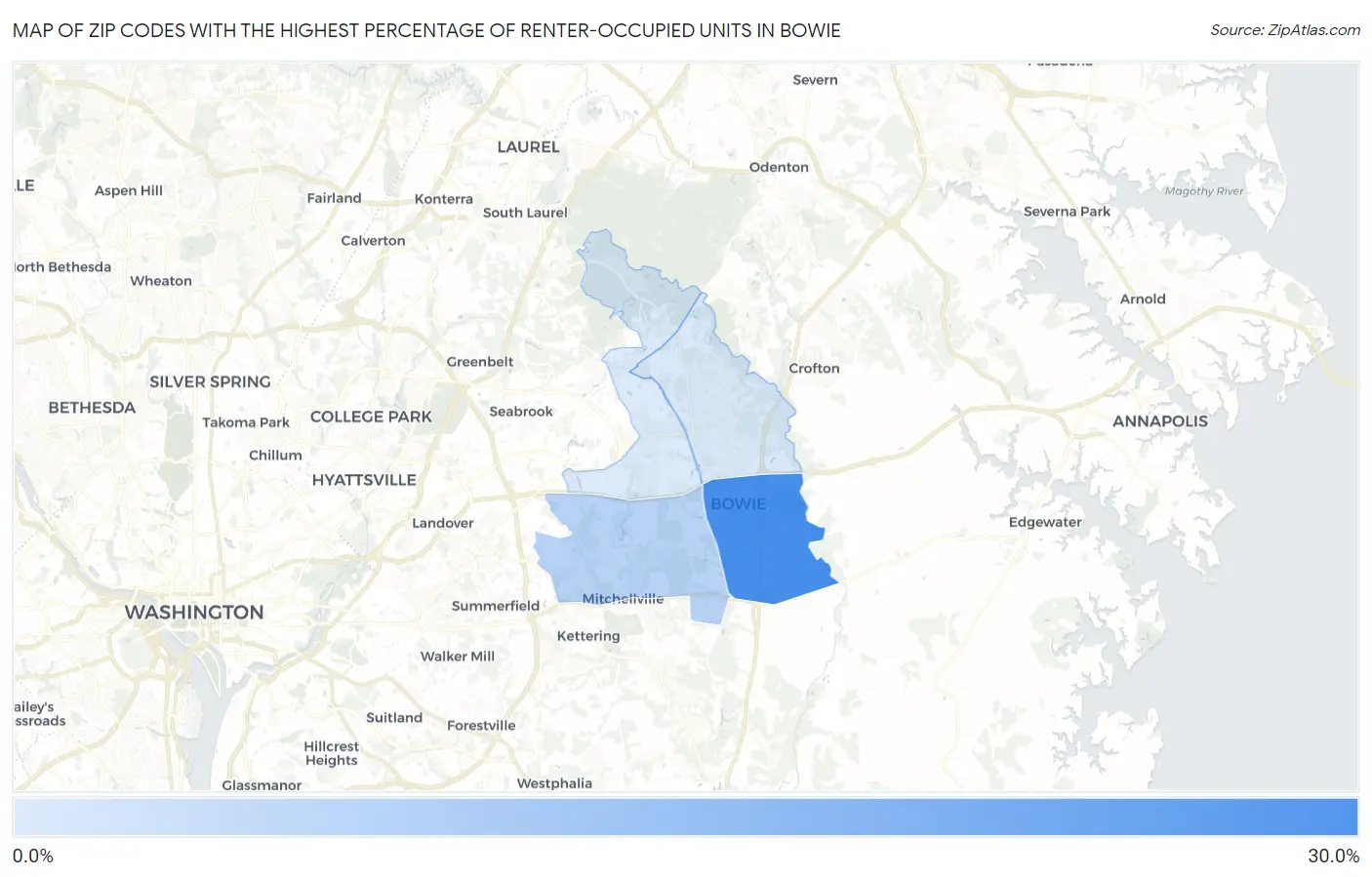 Zip Codes with the Highest Percentage of Renter-Occupied Units in Bowie Map