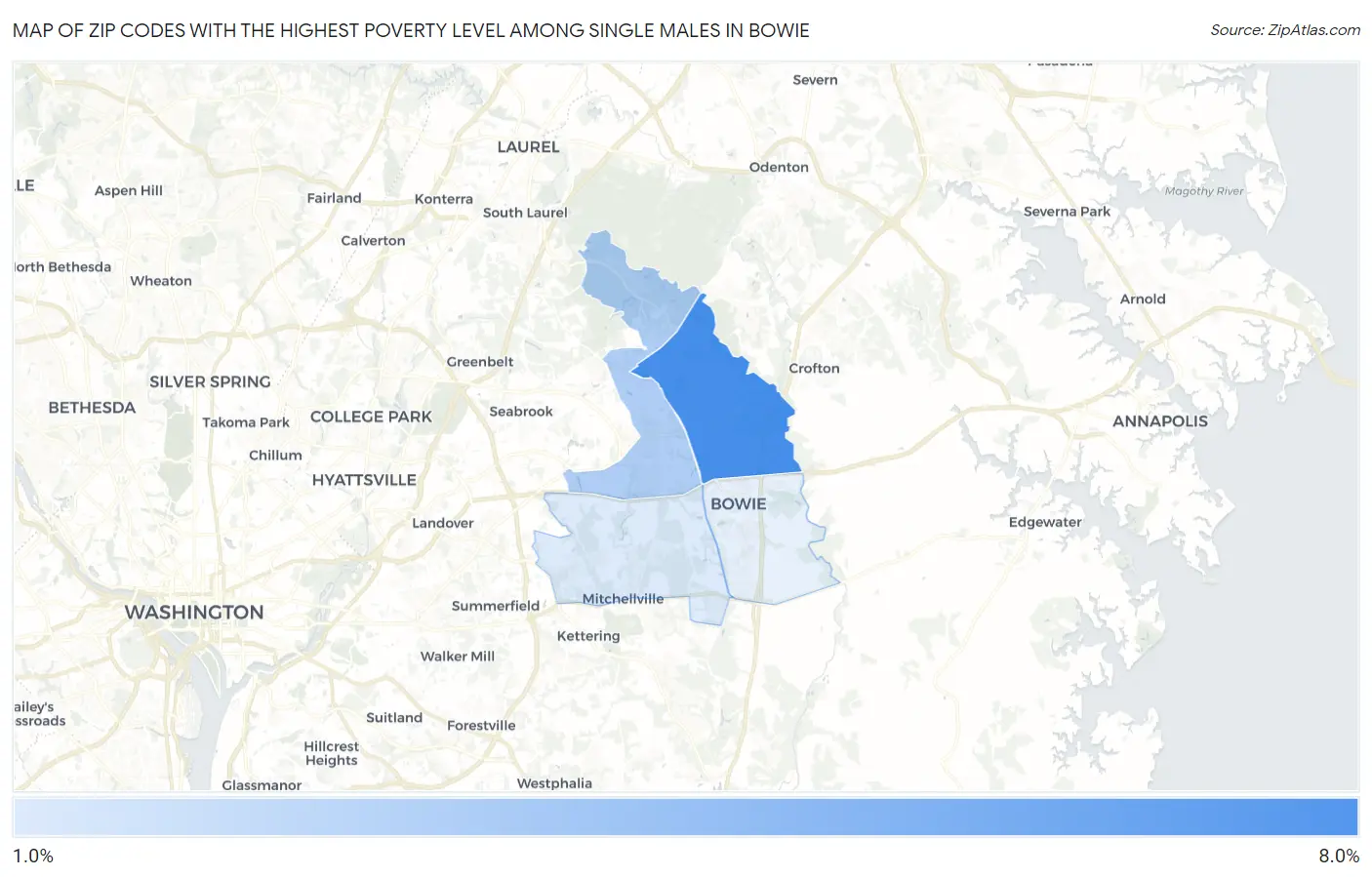 Zip Codes with the Highest Poverty Level Among Single Males in Bowie Map