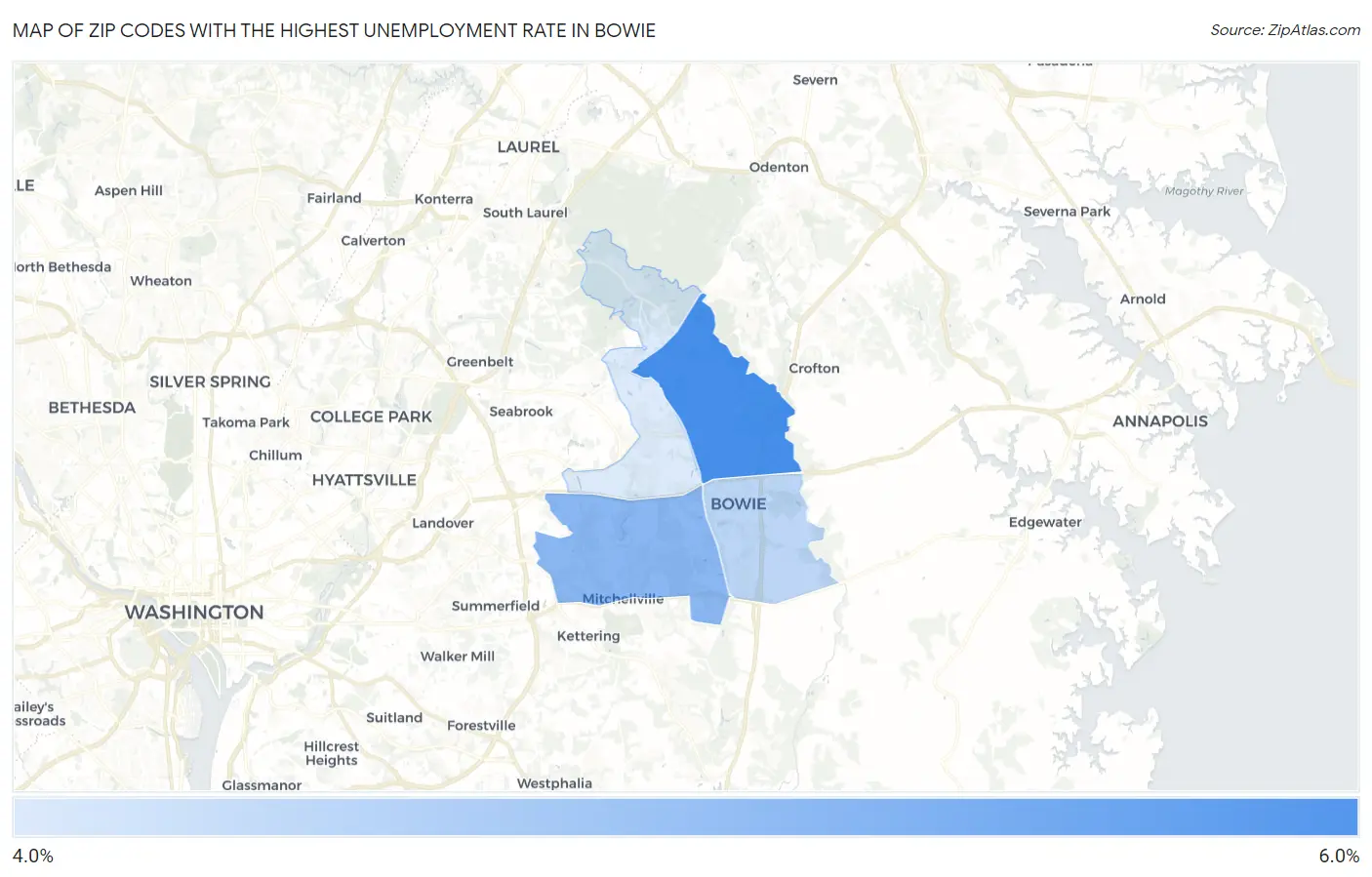Zip Codes with the Highest Unemployment Rate in Bowie Map