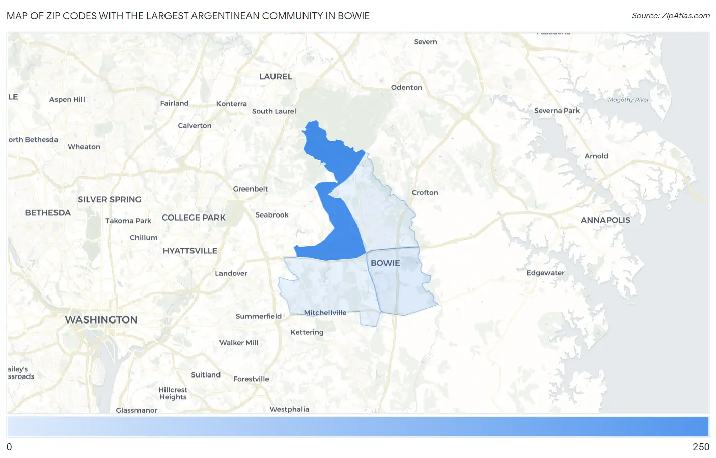 Zip Codes with the Largest Argentinean Community in Bowie Map