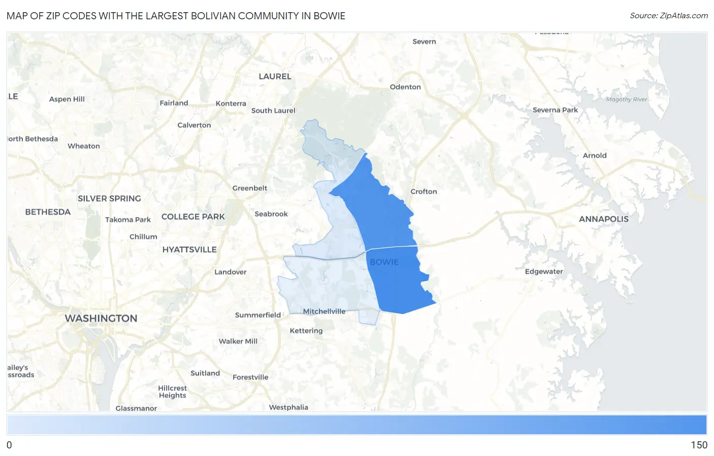 Zip Codes with the Largest Bolivian Community in Bowie Map