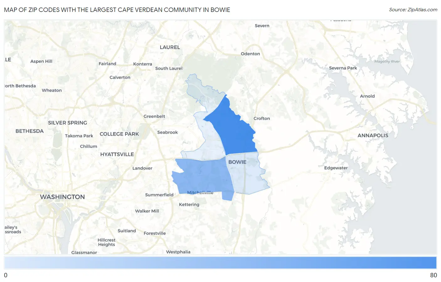 Zip Codes with the Largest Cape Verdean Community in Bowie Map