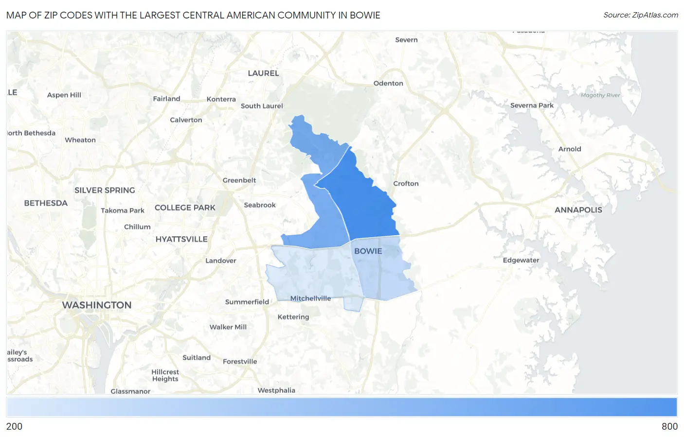 Zip Codes with the Largest Central American Community in Bowie Map