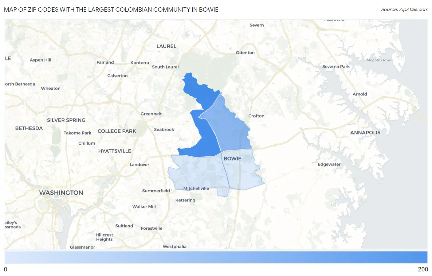 Zip Codes with the Largest Colombian Community in Bowie Map