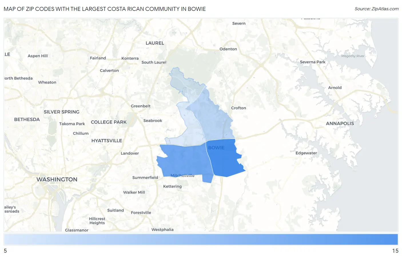 Zip Codes with the Largest Costa Rican Community in Bowie Map