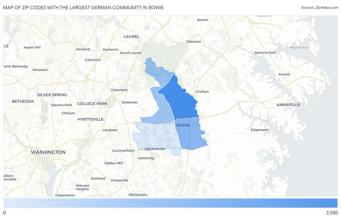 Zip Codes with the Largest German Community in Bowie Map