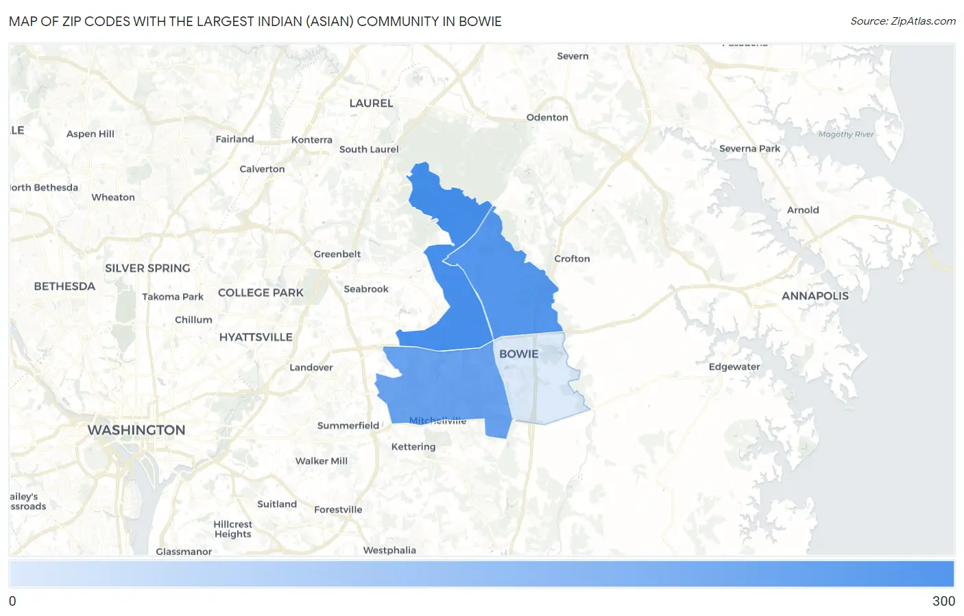 Zip Codes with the Largest Indian (Asian) Community in Bowie Map