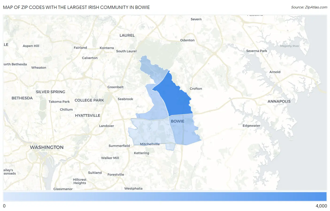 Zip Codes with the Largest Irish Community in Bowie Map