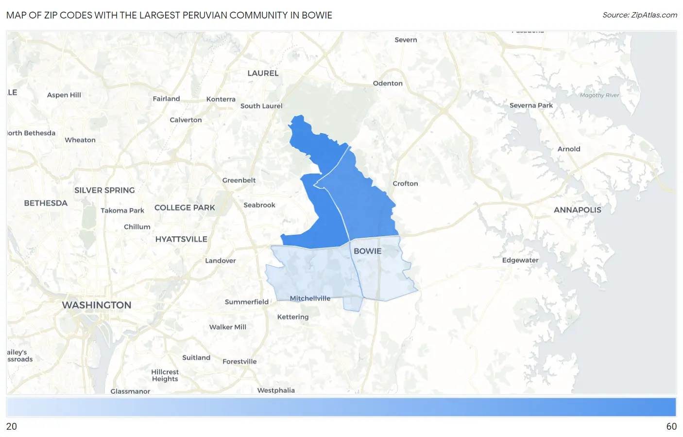 Zip Codes with the Largest Peruvian Community in Bowie Map