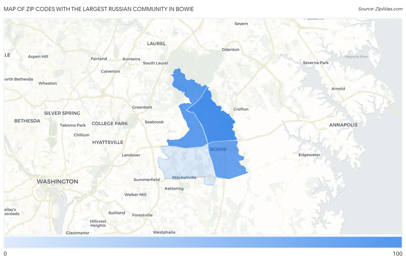 Zip Codes with the Largest Russian Community in Bowie Map