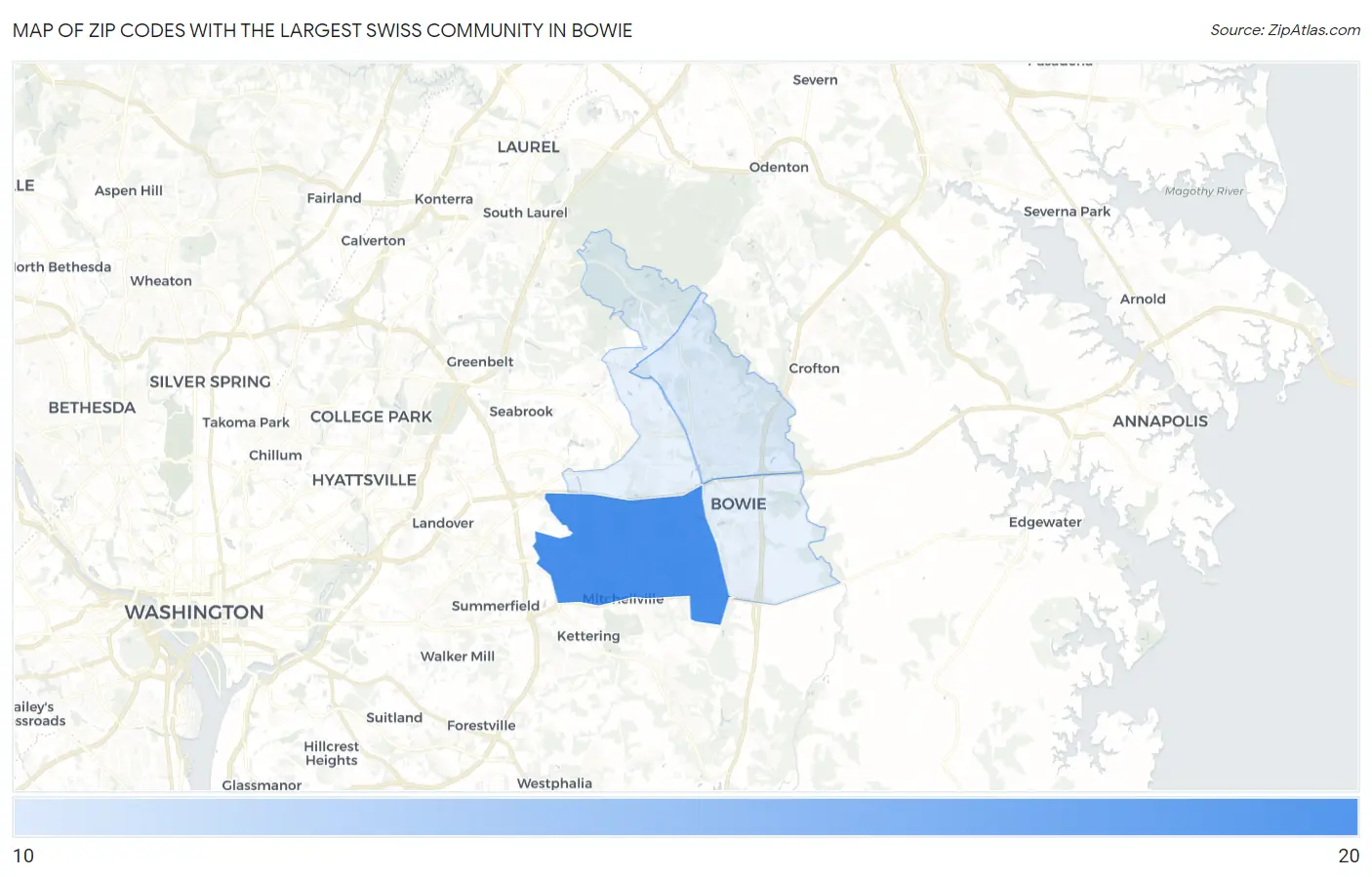 Zip Codes with the Largest Swiss Community in Bowie Map