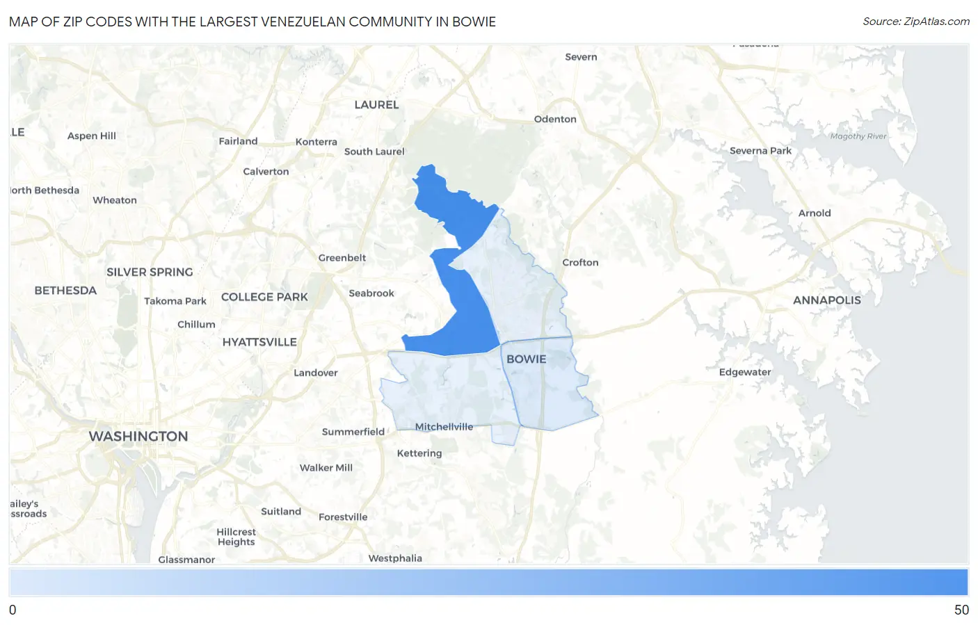 Zip Codes with the Largest Venezuelan Community in Bowie Map