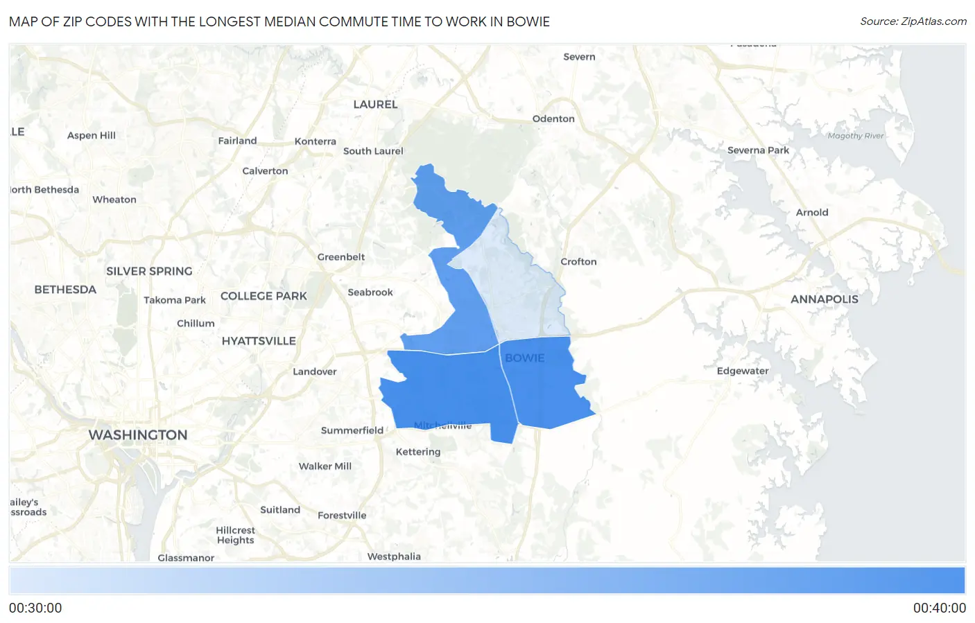 Zip Codes with the Longest Median Commute Time to Work in Bowie Map