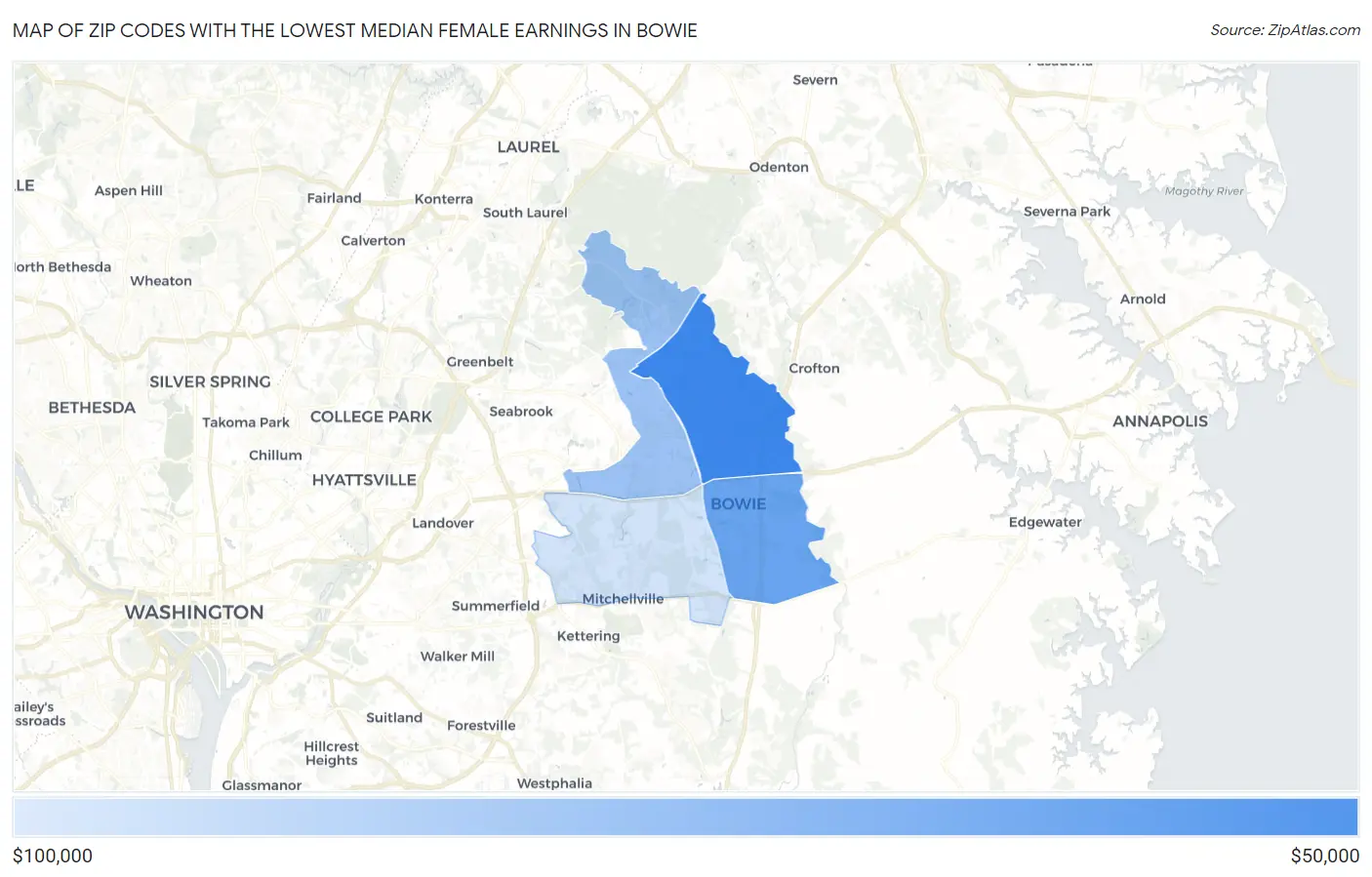 Zip Codes with the Lowest Median Female Earnings in Bowie Map