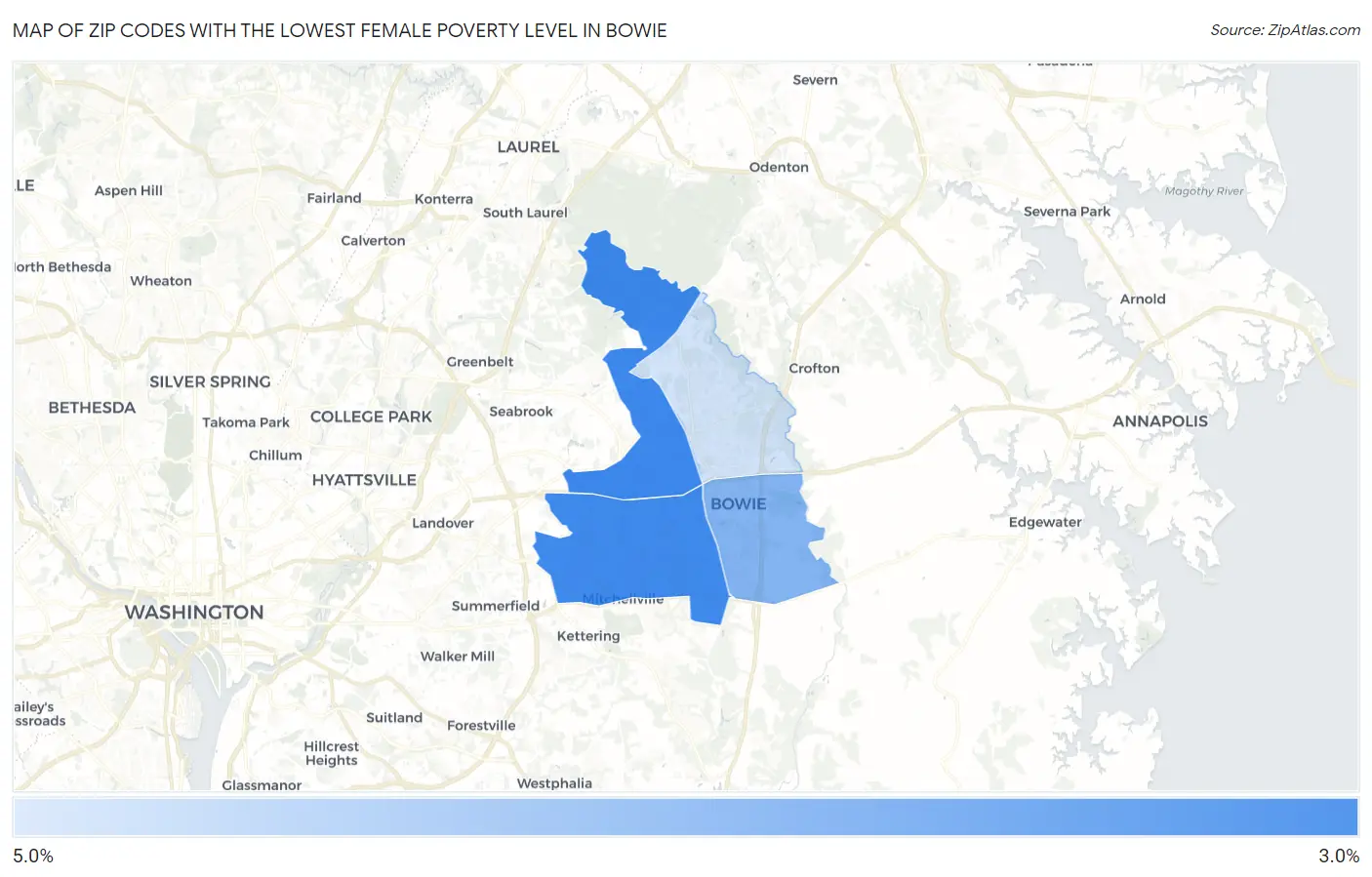 Zip Codes with the Lowest Female Poverty Level in Bowie Map
