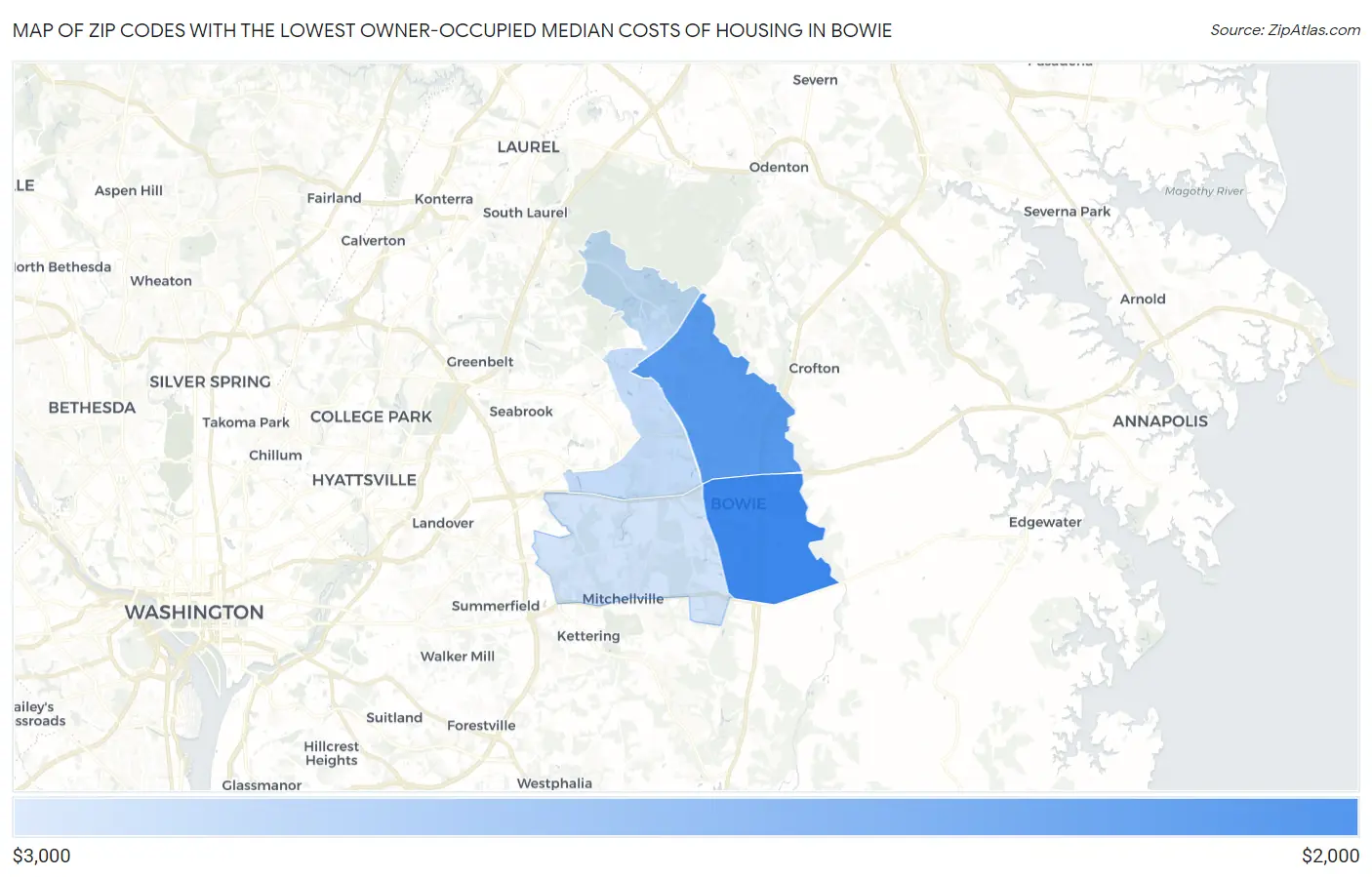 Zip Codes with the Lowest Owner-Occupied Median Costs of Housing in Bowie Map