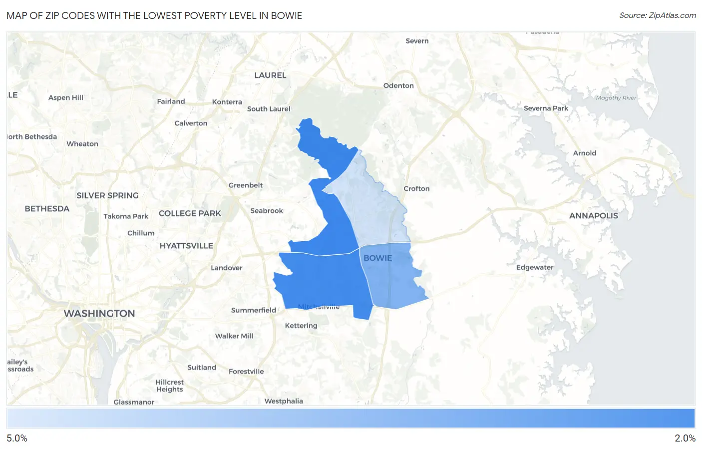 Zip Codes with the Lowest Poverty Level in Bowie Map