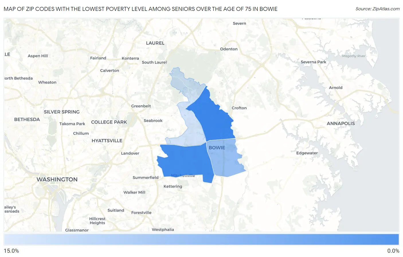 Zip Codes with the Lowest Poverty Level Among Seniors Over the Age of 75 in Bowie Map