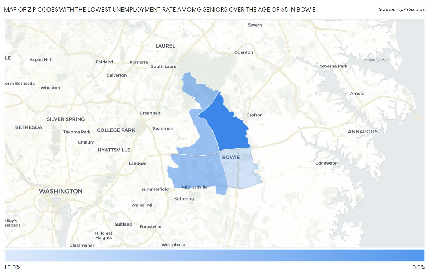 Zip Codes with the Lowest Unemployment Rate Amomg Seniors Over the Age of 65 in Bowie Map