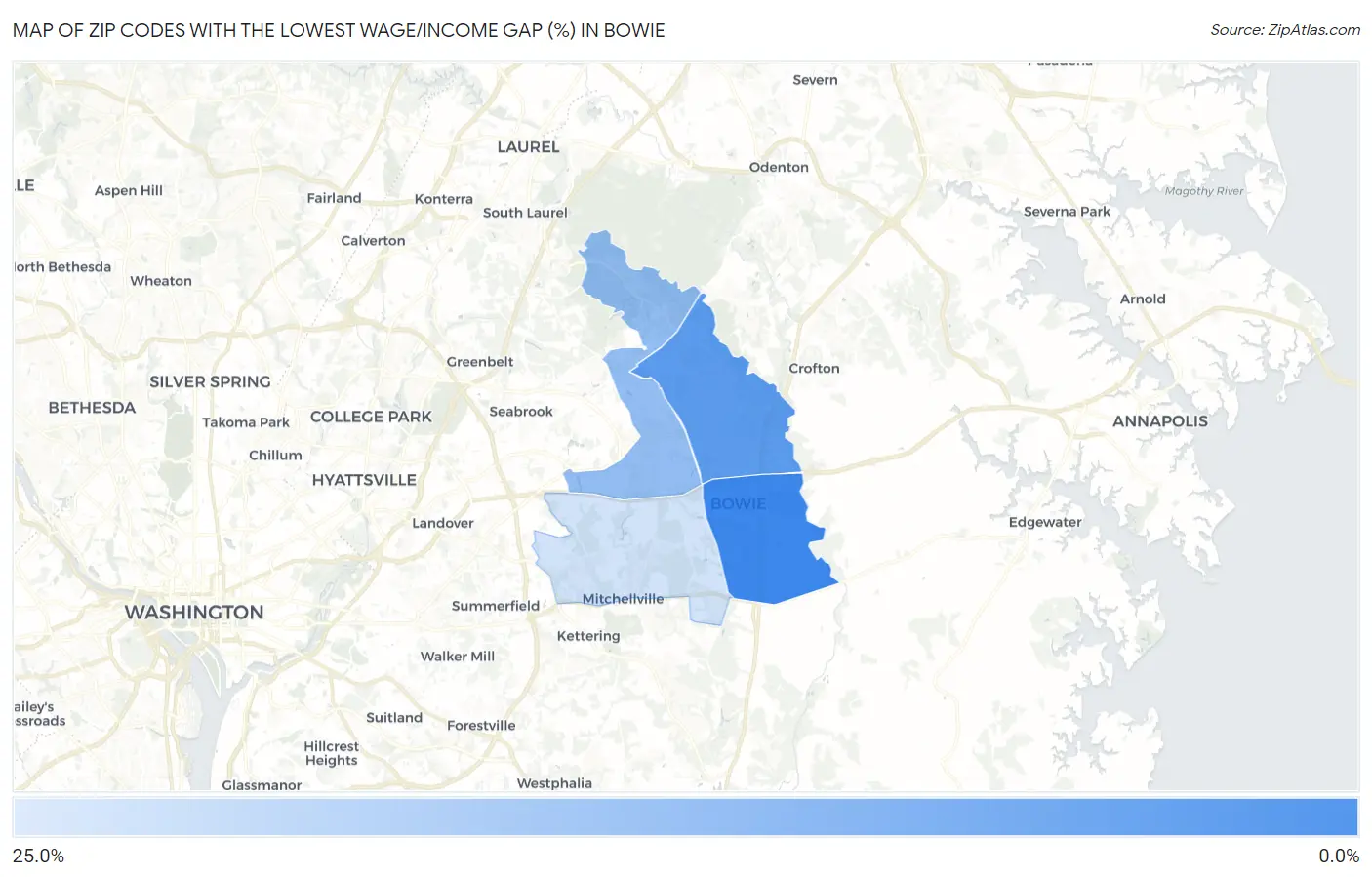 Zip Codes with the Lowest Wage/Income Gap (%) in Bowie Map