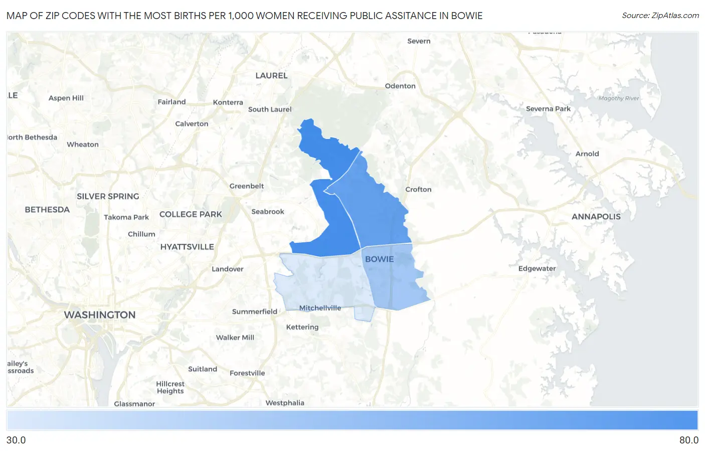 Zip Codes with the Most Births per 1,000 Women Receiving Public Assitance in Bowie Map